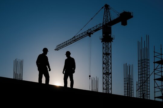 Construction workers oversee crane operations at dawn on a building site, building, workers, crane, dawn