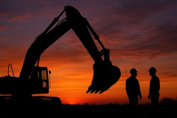 Silhouette of excavator and workers at sunset, construction scene with heavy machinery