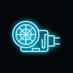 Blue neon sign of an electric motor glowing on a black background