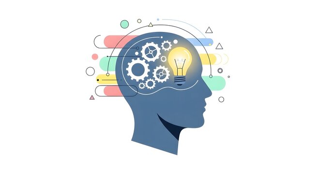 Conceptual illustration of creative thinking and innovation, featuring a human head with gears and a bright lightbulb representing new ideas