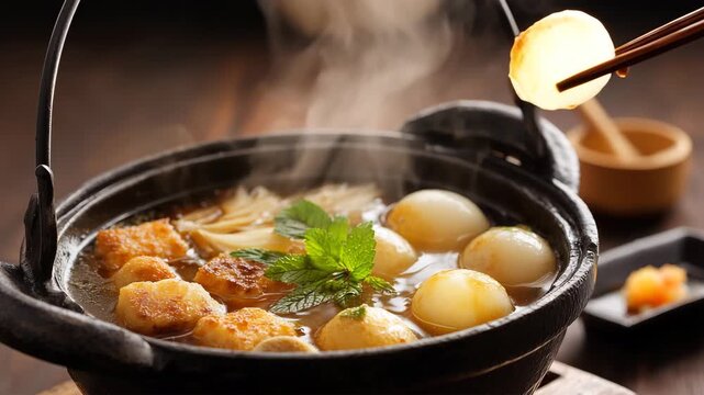 おでん鍋で大根を持ち上げる場面