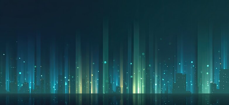 Vertical streaks of teal, green and yellow light erupt from a dark surface with specks of light