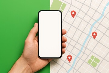 Smartphone navigation app with map and destination markers, location tracking tool