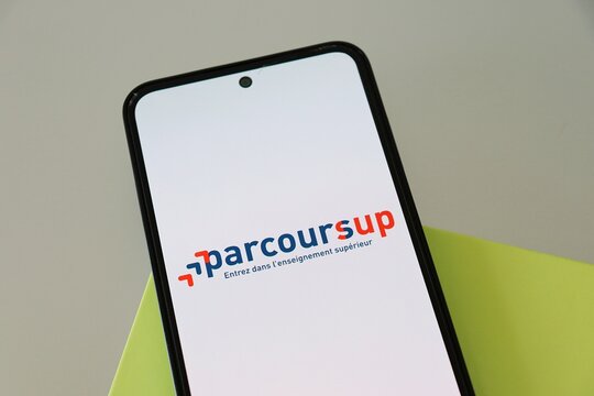 Parcoursup logo on smartphone screen. French higher education admission logo. National platform from France. 
