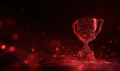 Digital rendering of a trophy, formed from a network of interconnected red lines and dots, against a red background