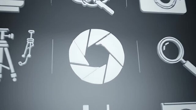 Monochromatic Photography Tools Icons on Dark Gray Background in Simple 3d Render Style Seamless Pattern Including Camera Tripod and Magnifying Glass