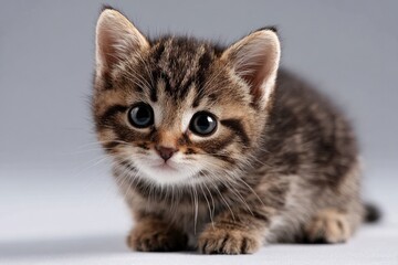 Obraz premium A cute tabby kitten with big eyes resting on a light surface