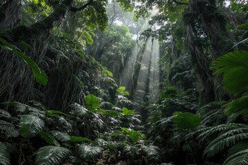 Fototapeta premium Sunbeams piercing a lush, dense jungle canopy with vibrant green foliage and ancient vines, tropical rainforest atmosphere, travel, nature, jungle, adventure