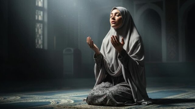 A serene muslim woman in hijab kneels in prayer, bathed in soft light
