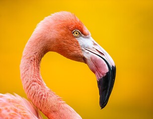 Fototapeta premium a pink flamingo headshot on a yellow background