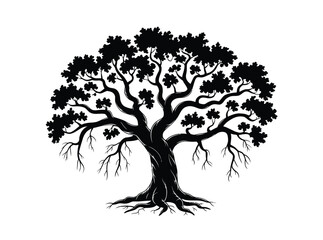 Oak Tree with Draping Spanish Moss,  Black and White Silhouette Vector Illustration