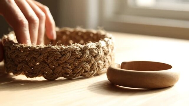 Braided rope and smooth wooden bangles rest on a light wood surface by a sunlit window