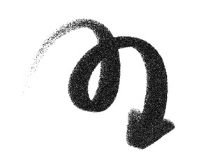 Fototapeta premium Curved spray paint arrow vector pointing down. Grunge graffiti loop arrow with textured stroke, hand drawn sketch symbol for direction, navigation and street design