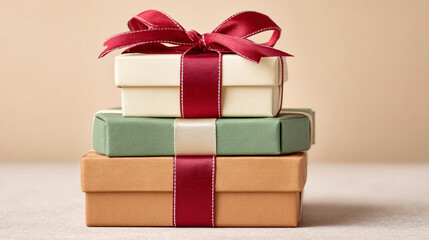 Elegant stack of christmas gift boxes with satin ribbon for holiday celebration