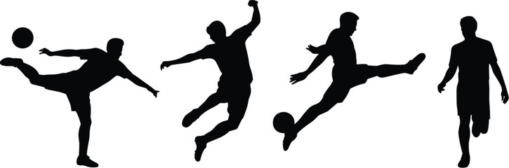Soccer silhouette, player action, ball strike, jump pose, athletic motion, vector illustration, black graphic, sports energy, game moment, competitionSoccer silhouette, player action