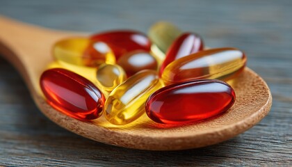 Assorted Vitamin Capsules In A Wooden Spoon: Soft Gels, Fish Oil Capsules, Omega 3, Omega 9, Vitamin D, And Vitamin E.