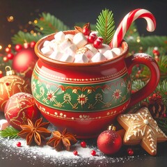 Tasse décorée de couleur verte et rouge contenant du chocolat chaud avec marshmallows. Décorations de fête de Noël. Generated image. 