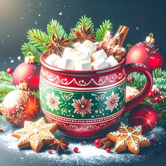 Tasse décorée de couleur verte et rouge contenant du chocolat chaud avec marshmallows. Décorations de fête de Noël. Generated image. 