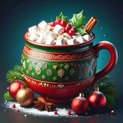 Tasse décorée de couleur verte et rouge contenant du chocolat chaud avec marshmallows. Décorations de fête de Noël. Generated image. 