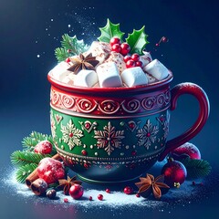 Tasse décorée de couleur verte et rouge contenant du chocolat chaud avec marshmallows. Décorations de fête de Noël. Generated image. 