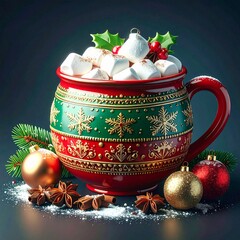 Tasse décorée de couleur verte et rouge contenant du chocolat chaud avec marshmallows. Décorations de fête de Noël. Generated image. 