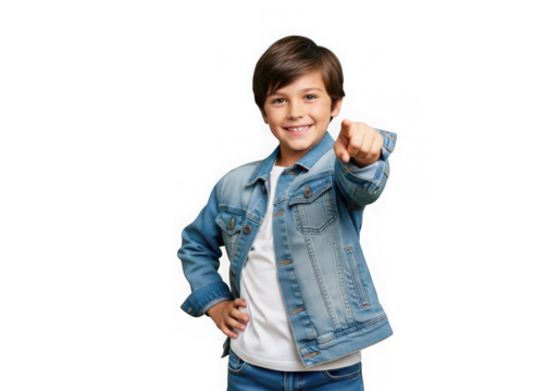 Young boy in denim jacket pointing at the camera isolated on transparent background