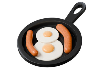 3d frying pan with eggs and sausages icon. breakfast brunch concept. Minimal cartoon skillet meal cook set for restaurant menu banner. isolated on white background. 3d render.