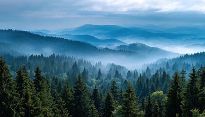 Obraz premium Breathtaking Top View Of Lush Spruce Forest And Misty Blue Mountains. Discover Pohorje Treetop Walk In Rogla, Slovenia, Europe.