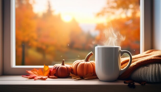 thansgiving fall cozy home concept mug with warm dring on the window