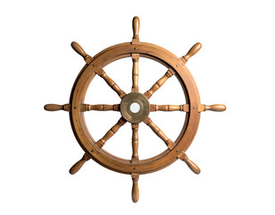 A classic wooden ship's wheel, centered against a stark black background