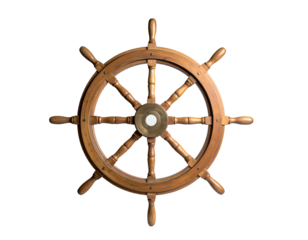 A classic wooden ship's wheel, centered against a stark black background
