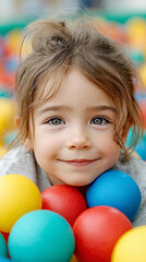 Fototapeta premium Joyful child playing indoors with colorful balls close up
