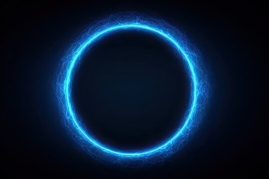 Glowing blue ring of energy emitting electrical sparks in dark space