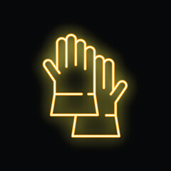 Yellow neon sign of a pair of protective work gloves glowing on a black wall