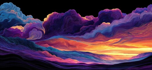 Colorful abstract landscape featuring textured layers of swirling clouds and land with vibrant hues