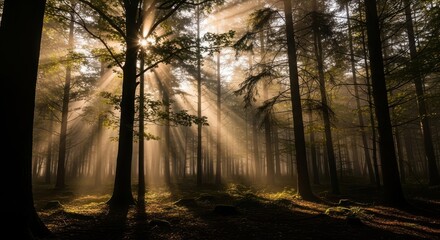Obraz premium Sunbeams stream through the canopy of a dense forest, illuminating the mist