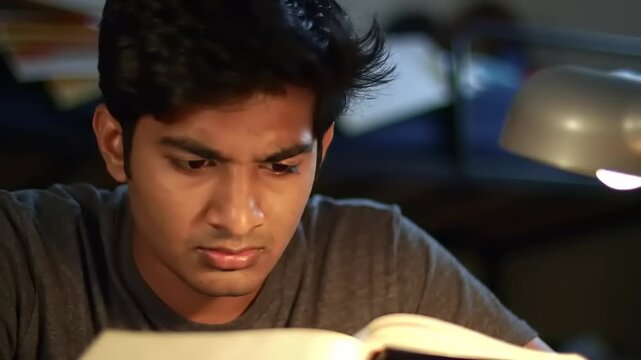 Student studying under lamp light at home.