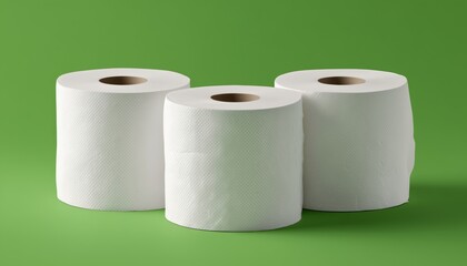 Three White Toilet Paper Rolls Set On A Green Background - Ideal For Housework And Cleaning. Perfect Addition To Your Supplies.