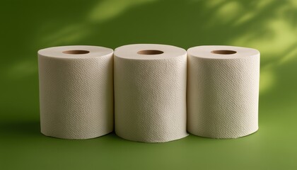 Three Soft White Rolls Of Toilet Paper Resting On A Green Surface. Essential Items For Housework And Cleaning Tasks. Eco-Friendly Household Necessities.