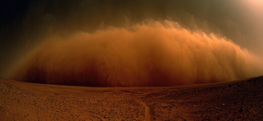 A vast panorama of a dust storm engulfing a barren, reddish landscape under a dark, ominous sky