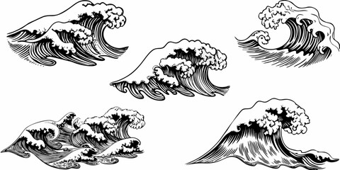 Obraz premium Illustration of five black and white stylized ocean waves with foamy crests and detailed line work