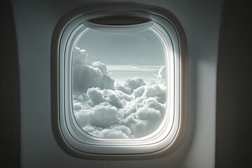 A rectangular plane window captures puffy, white clouds in a monochromatic, high-altitude perspective