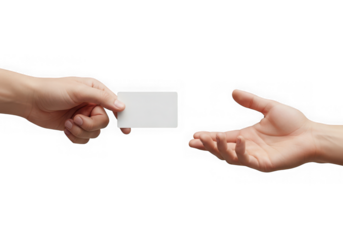 Hand giving a blank white business card to another hand isolated on transparent background