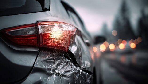 Accident Causes Damage To Rear Of Brand New Silver Car. Damage Sustained On Backside Of Silver Vehicle Due To Accident.