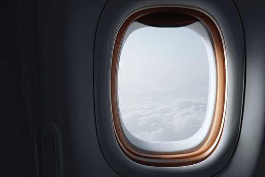 Interior shot of a plane's window with clouds visible, a sunny and bright sky