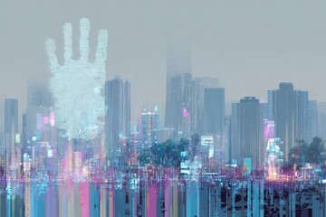 Futuristic cityscape with a ghostly hand silhouette hovering above, digital art style