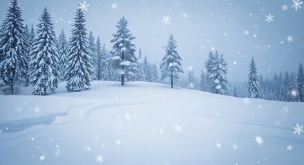 Fototapeta premium Snowy forest landscape with falling snowflakes and snowcovered pine trees on a winter day