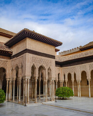 Granada, Spain - 21 Oct 2025: Islamic architecture in the Palacio de los Leones, Nasrid Palaces, Alhambra, UNESCO World Heritage Site