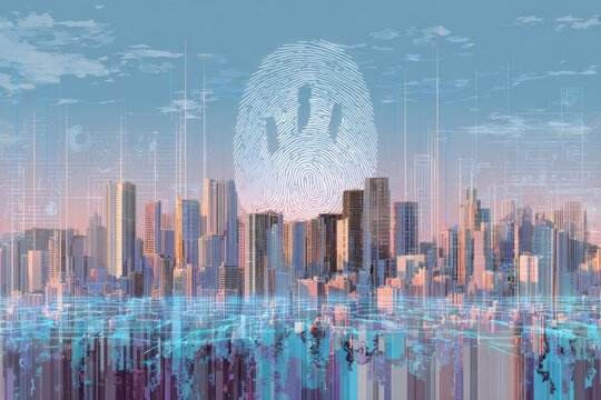 Cityscape under a fingerprint. Lines of data in the foreground. Digital infrastructure