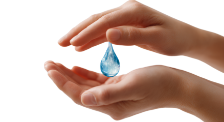  two hands gently holding and protecting a glass water droplet on a Transparent background PNG